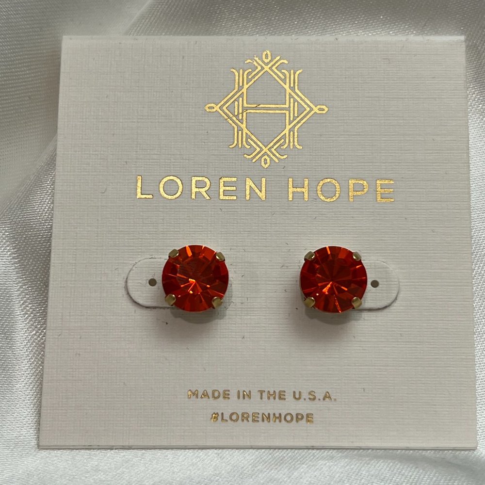 LOREN HOPE CRYSTAL KAYLEE STUDS IN PADPARADSCHA (DEEP CORAL/ORANGE) NWT
